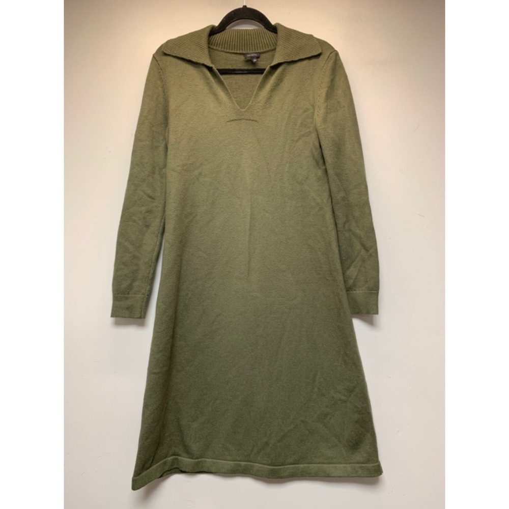 Talbots Sweater Dress Women Small Olive Green Excellent Long Sleeve V-Neck Knit